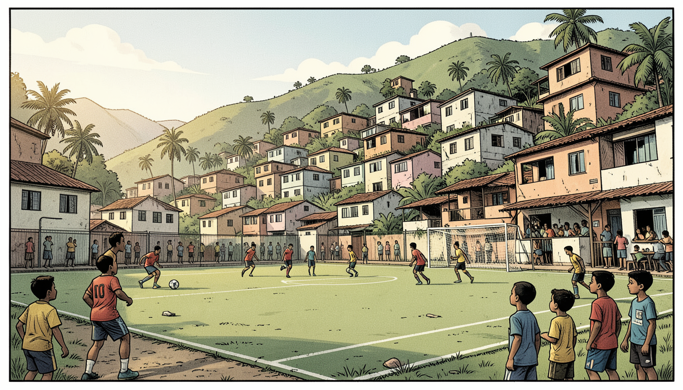 Ilustração de campo de futebol em comunidade, com crianças assistindo