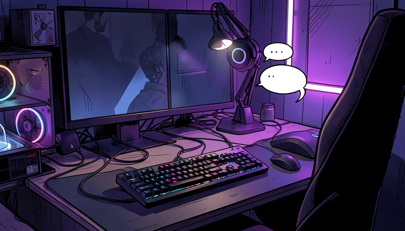 Ilustração de mesa gamer com monitor, teclado e balão de mensagem