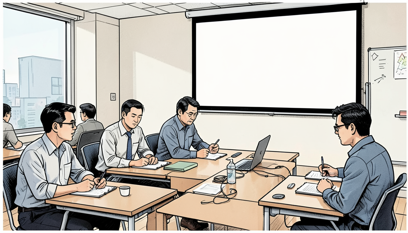 Ilustração de adultos em sala de capacitação profissional