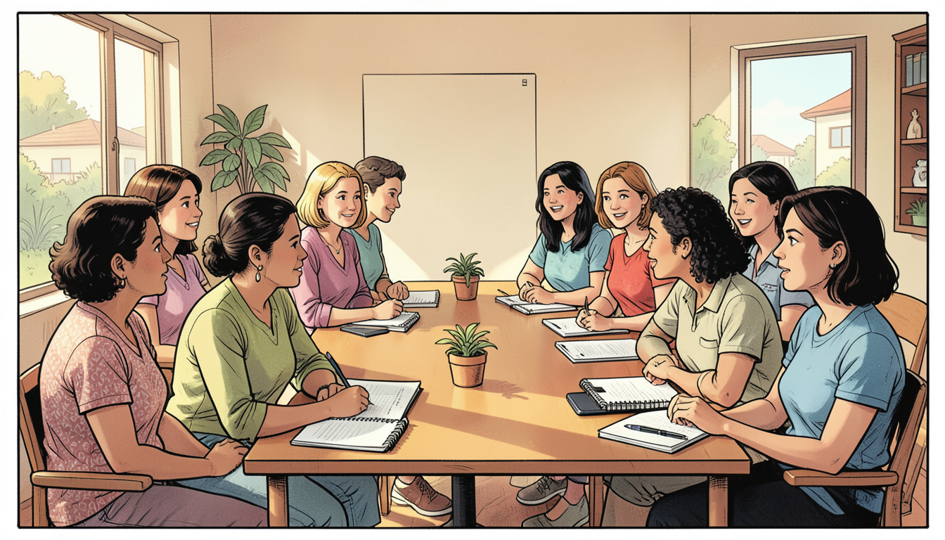 Ilustração de grupo de mulheres em reunião comunitária com cadernos