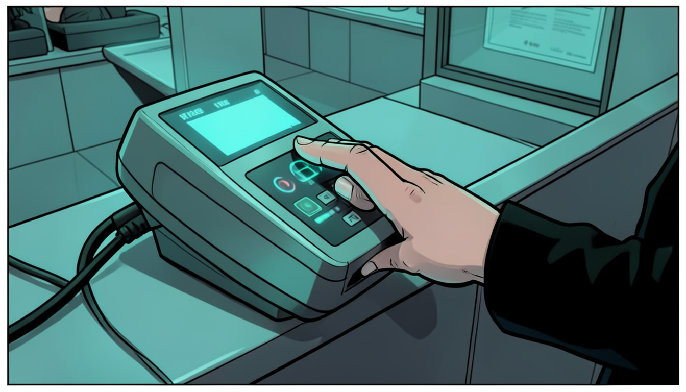 Ilustração de dedo apoiado em leitor biométrico em balcão de atendimento