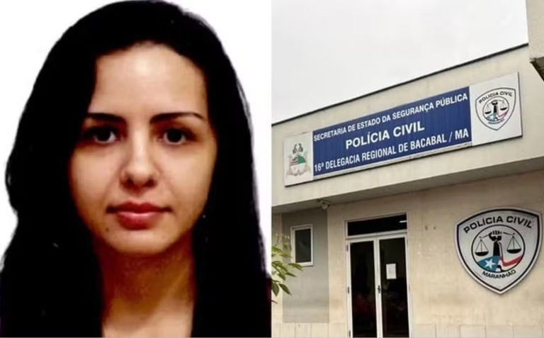 Ariana Sampaio Sousa, delegada da Polícia Civil do Maranhão, e a fachada da 16ª Delegacia Regional de Bacabal
