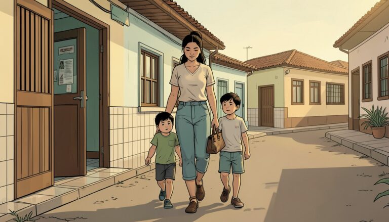 Ilustração: uma mulher caminha com dois filhos por uma rua de casas simples, no fim da tarde
