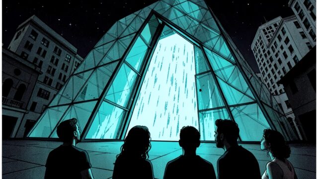 Ilustração: pessoas de costas observam, de uma praça à noite, um cofre de vidro inclinado de onde desce uma cortina de luz ciano; prédios escuros ao fundo
