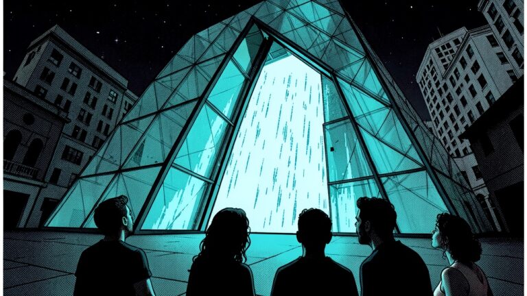 Ilustração: pessoas de costas observam, de uma praça à noite, um cofre de vidro inclinado de onde desce uma cortina de luz ciano; prédios escuros ao fundo
