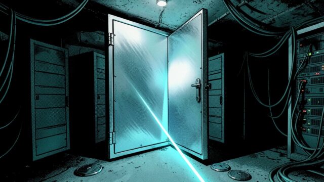Ilustração: porta de cofre de aço aberta numa sala de servidores escura, com um facho de luz ciano saindo pela fresta
