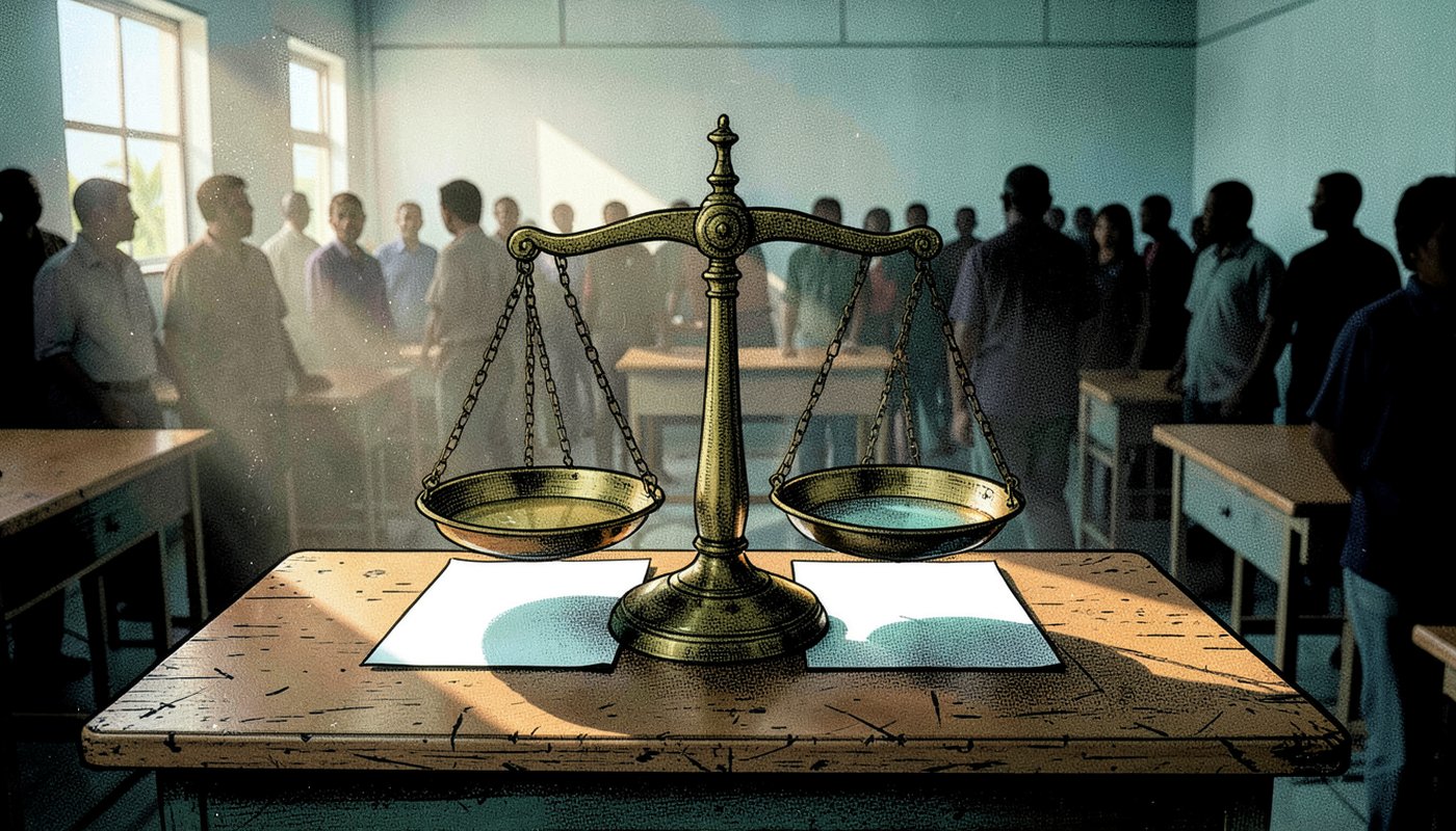 Ilustração em quadrinhos de uma balança de dois pratos equilibrada sobre uma carteira escolar antiga, com duas folhas de papel em branco e uma multidão de eleitores desfocada ao fundo