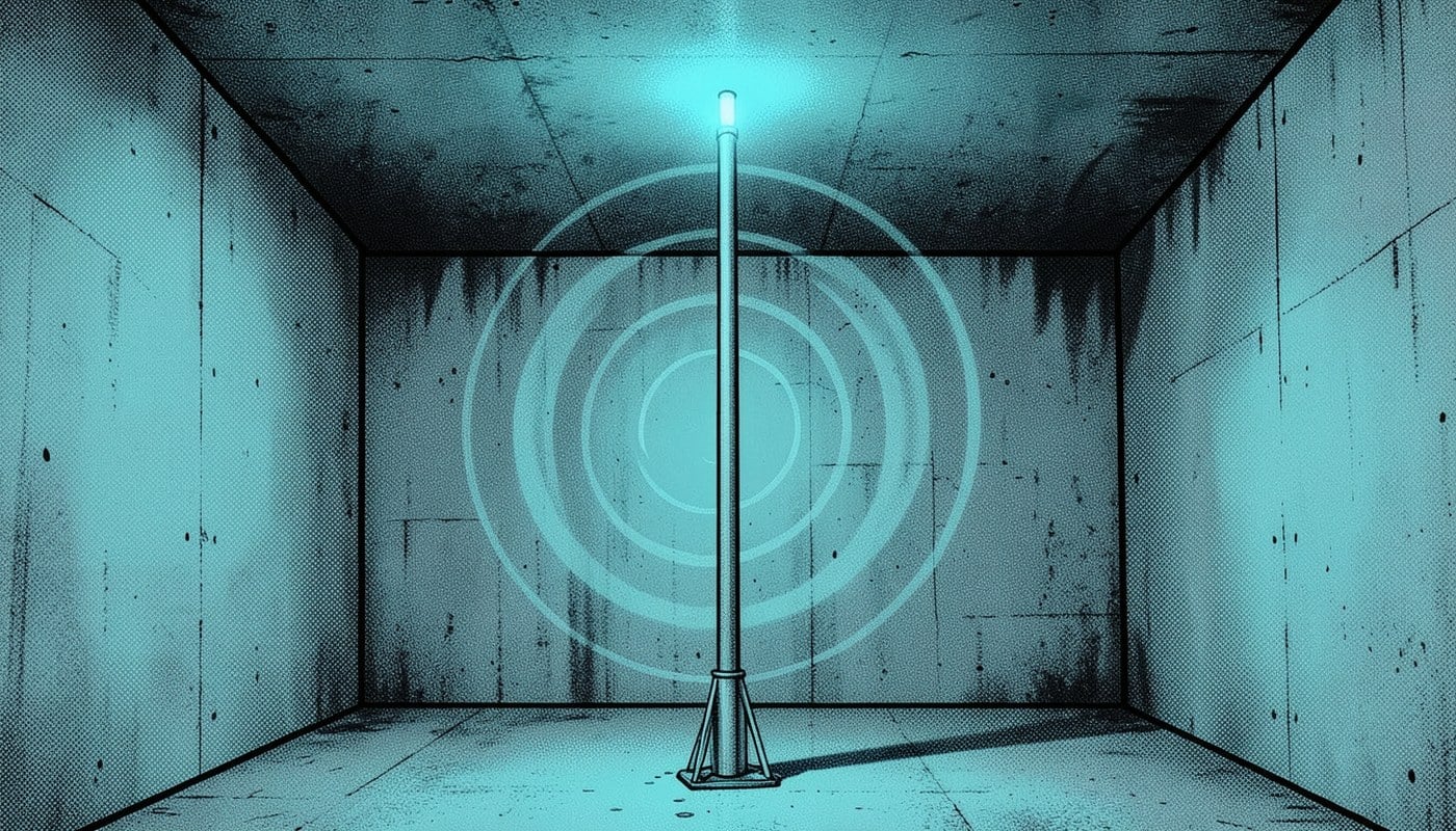 Ilustração em quadrinhos: uma antena fina com uma luz ciano no topo, em uma sala de concreto vazia, com ondas concêntricas ao redor