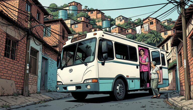 Ilustração em quadrinhos de um ônibus de clínica móvel estacionado em rua estreita de uma favela, com uma profissional de colete rosa na porta e uma mulher se aproximando