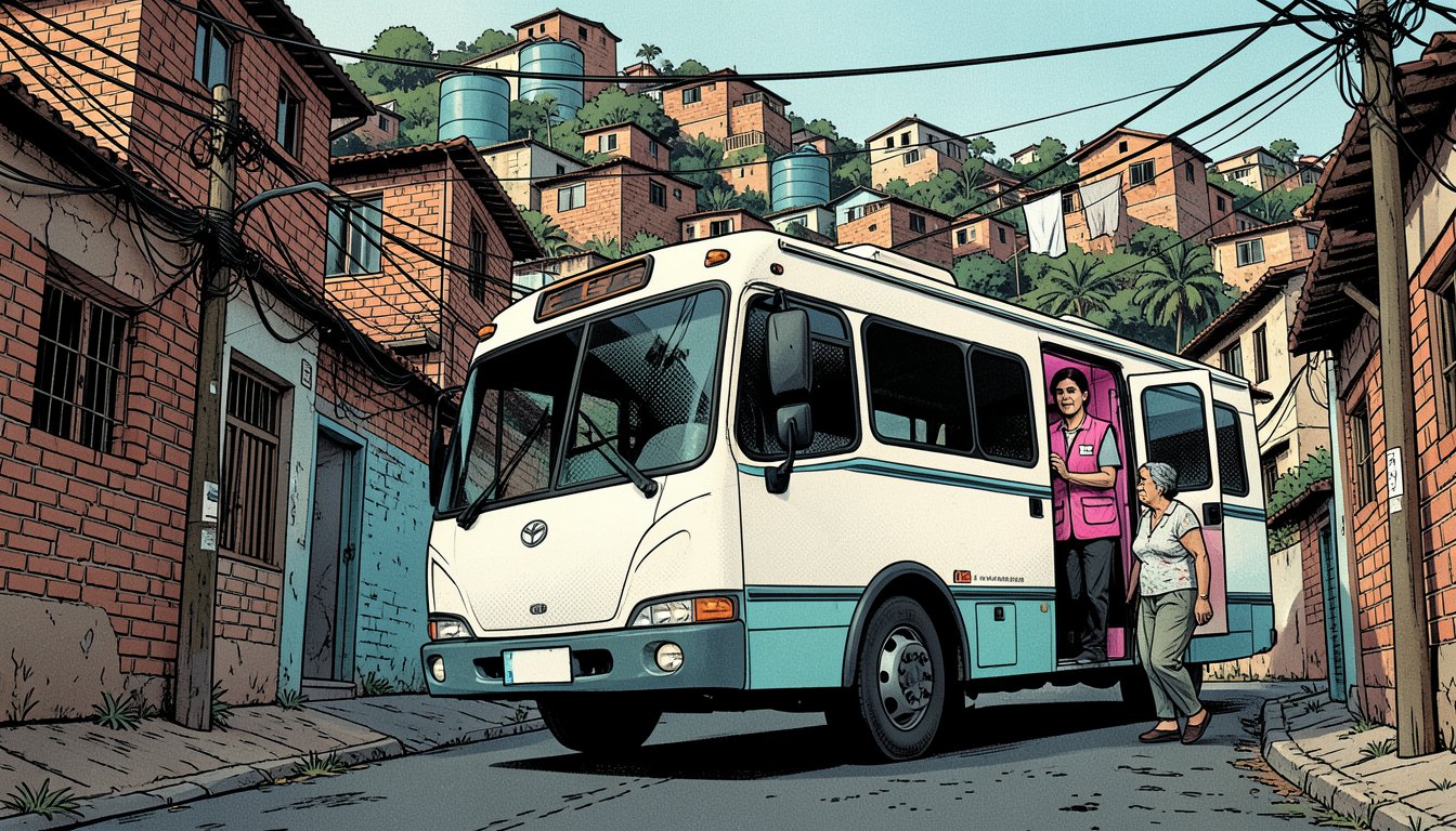 Ilustração em quadrinhos de um ônibus de clínica móvel estacionado em rua estreita de uma favela, com uma profissional de colete rosa na porta e uma mulher se aproximando