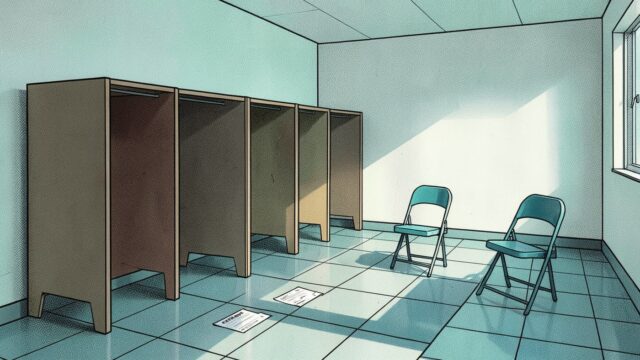 Ilustração em quadrinhos de uma seção eleitoral vazia, com cabines de votação, duas cadeiras dobráveis e cédulas no chão