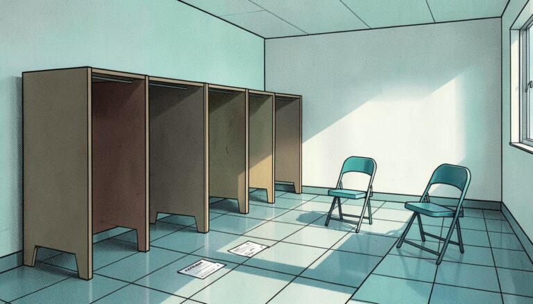 Ilustração em quadrinhos de uma seção eleitoral vazia, com cabines de votação, duas cadeiras dobráveis e cédulas no chão