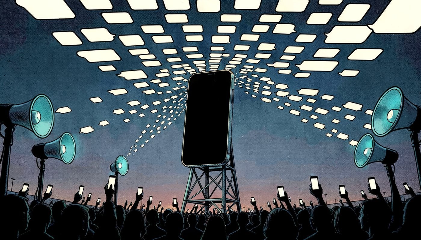 Ilustra&ccedil;&atilde;o: um celular gigante sobre uma torre dispara uma multid&atilde;o de bal&otilde;es de mensagem id&ecirc;nticos sobre uma plateia de silhuetas com os bra&ccedil;os erguidos, cada uma segurando um celular com o mesmo bal&atilde;o; megafones nas laterais amplificam o fluxo