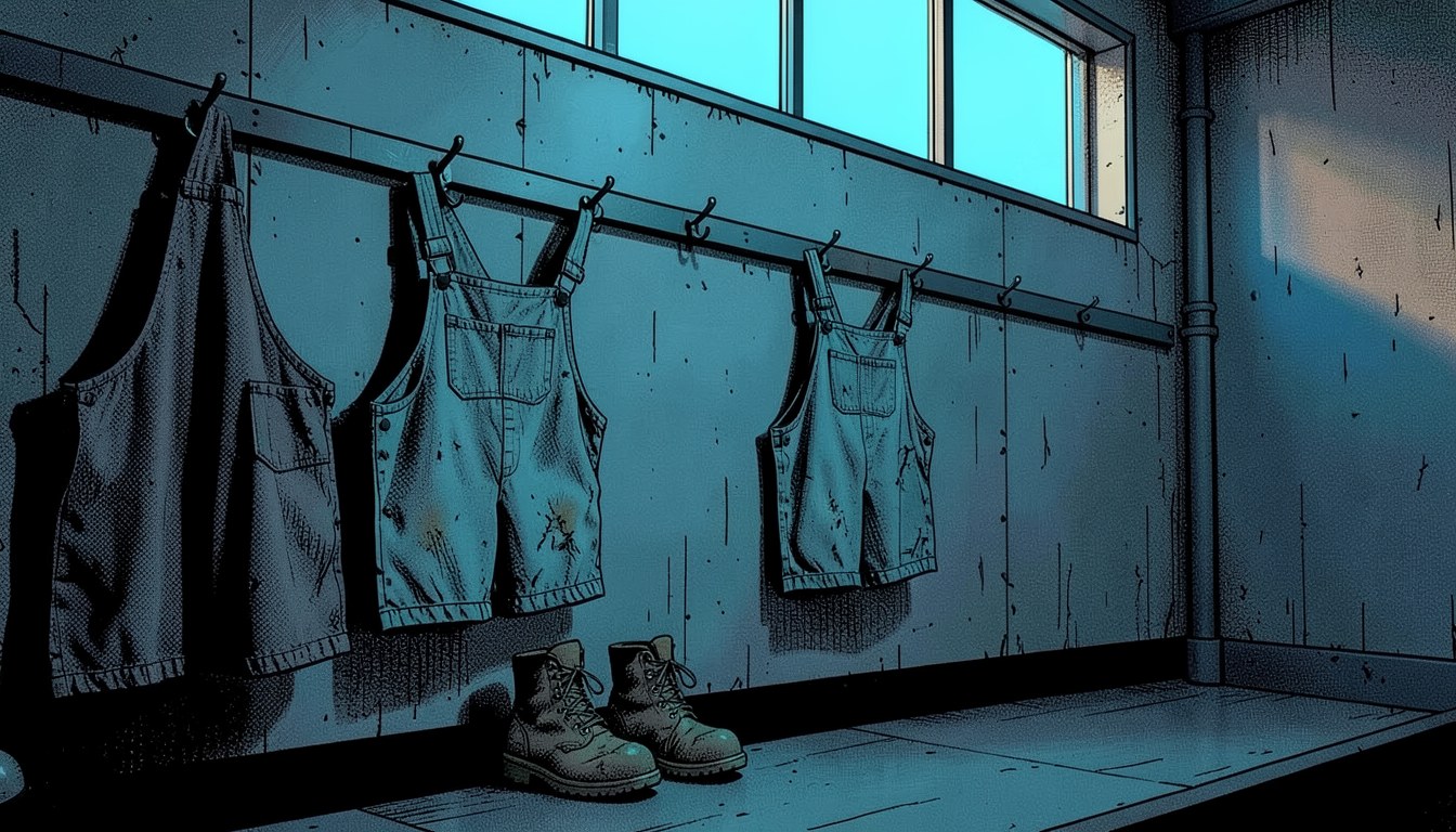 Ilustração em quadrinhos: macacões de trabalho pendurados em ganchos num vestiário de fábrica, com um gancho vazio e um par de botas no chão