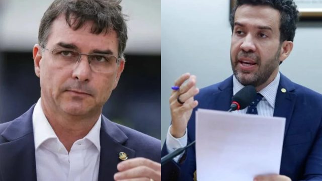 Flávio Bolsonaro e o deputado André Janones, que tem medida protetiva concedida pelo TJMG