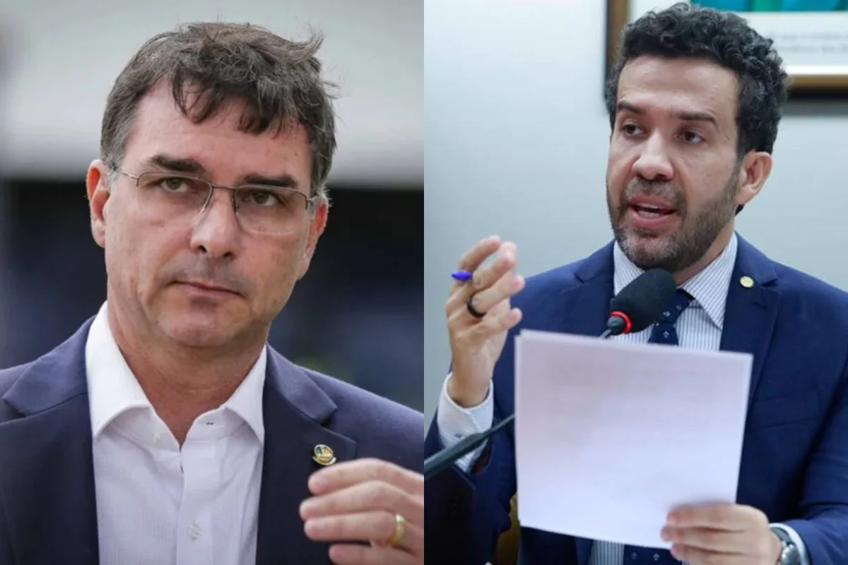 Flávio Bolsonaro e o deputado André Janones, que tem medida protetiva concedida pelo TJMG