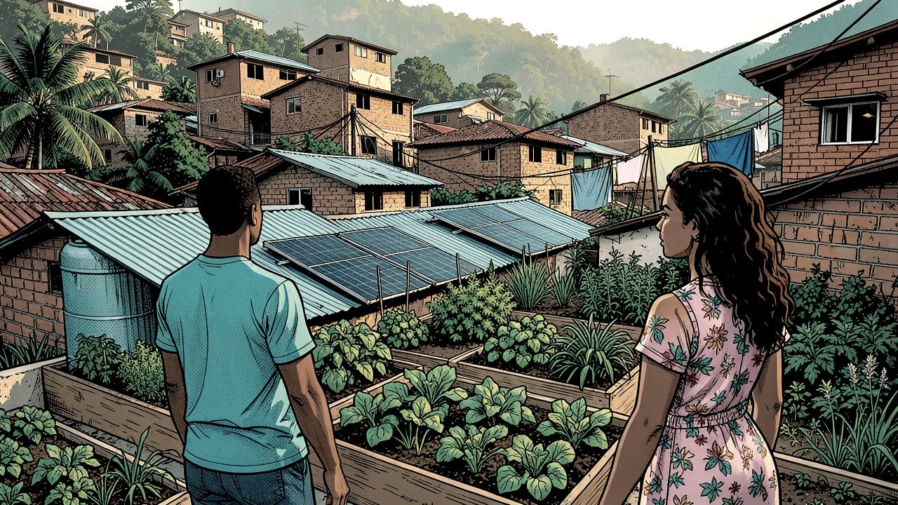 Ilustração de dois moradores de costas diante de uma horta comunitária em laje de favela, com caixa d’água e painéis solares, e casas ao fundo