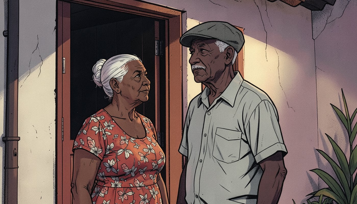 Ilustração: casal de idosos negros na porta de casa, ao entardecer