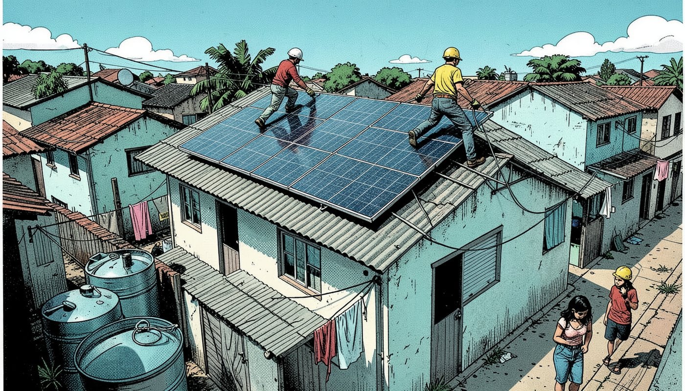 Ilustração em quadrinhos: dois trabalhadores com capacete instalam placas de energia solar no telhado de uma casa de periferia, com caixas d'água e varal no quintal e duas pessoas passando no beco