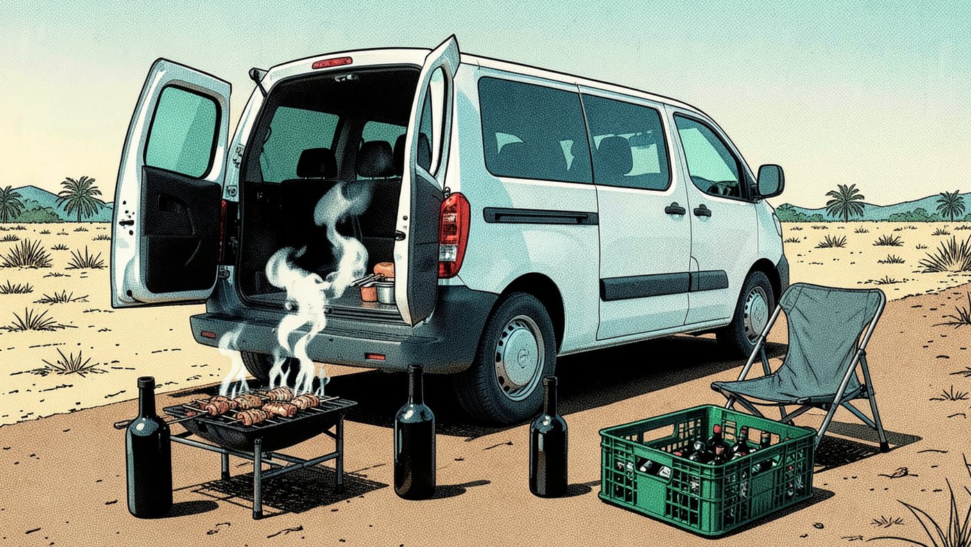 Ilustração em quadrinhos: van branca com as portas traseiras abertas, churrasqueira com espetos e fumaça, garrafas e engradado de cerveja no chão de terra ao amanhecer, sem pessoas