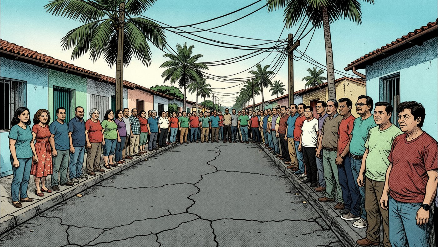 Ilustração em quadrinhos: filas de eleitores nas duas calçadas de uma rua de periferia ao amanhecer, com asfalto rachado, casas baixas e nenhum ônibus na via