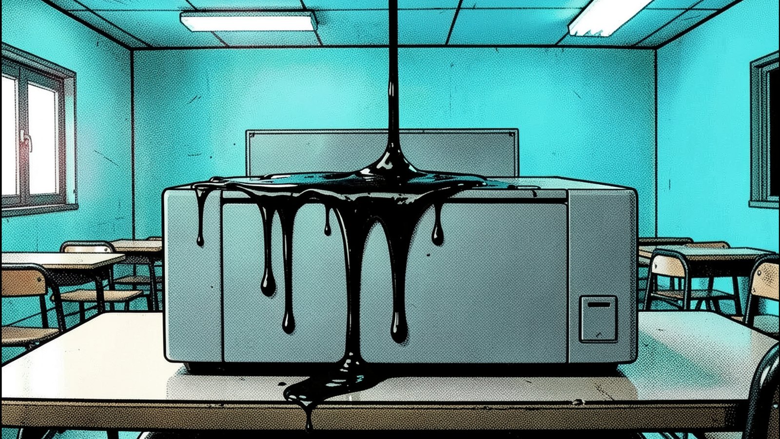 Ilustração em quadrinhos: equipamento de votação sobre a mesa de uma sala de aula vazia, com cola escura escorrendo e selando o aparelho