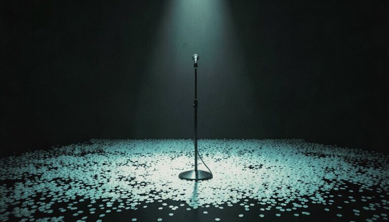 Ilustração de um microfone em um palco escuro coberto de pétalas brancas iluminadas por um foco