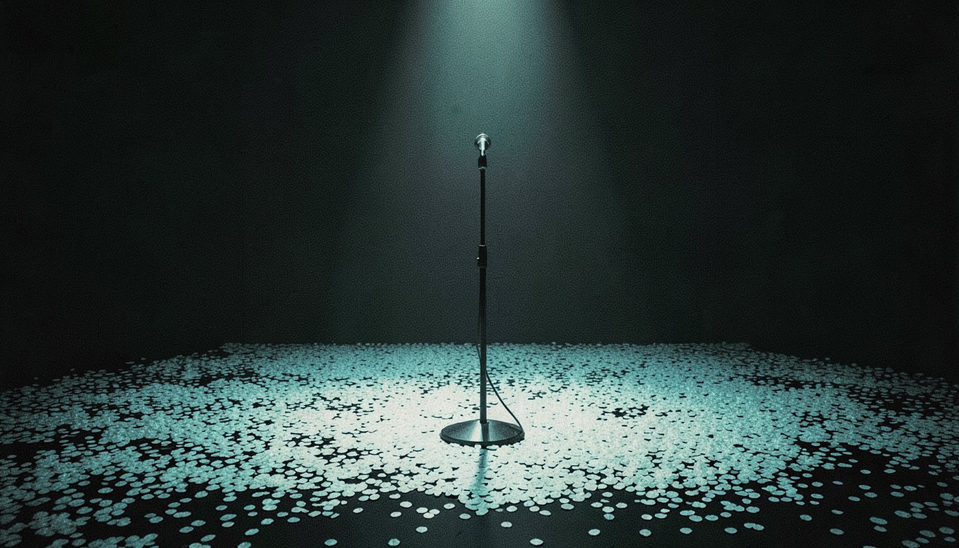 Ilustração de um microfone em um palco escuro coberto de pétalas brancas iluminadas por um foco