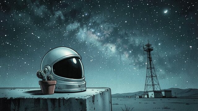 Ilustração de um capacete de astronauta e um pequeno cacto sobre uma laje, sob um céu estrelado com uma torre ao fundo