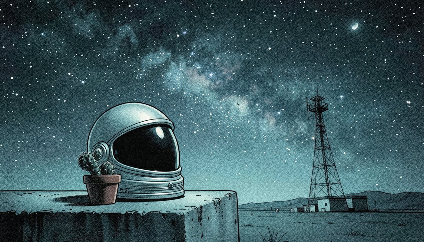 Ilustração de um capacete de astronauta e um pequeno cacto sobre uma laje, sob um céu estrelado com uma torre ao fundo
