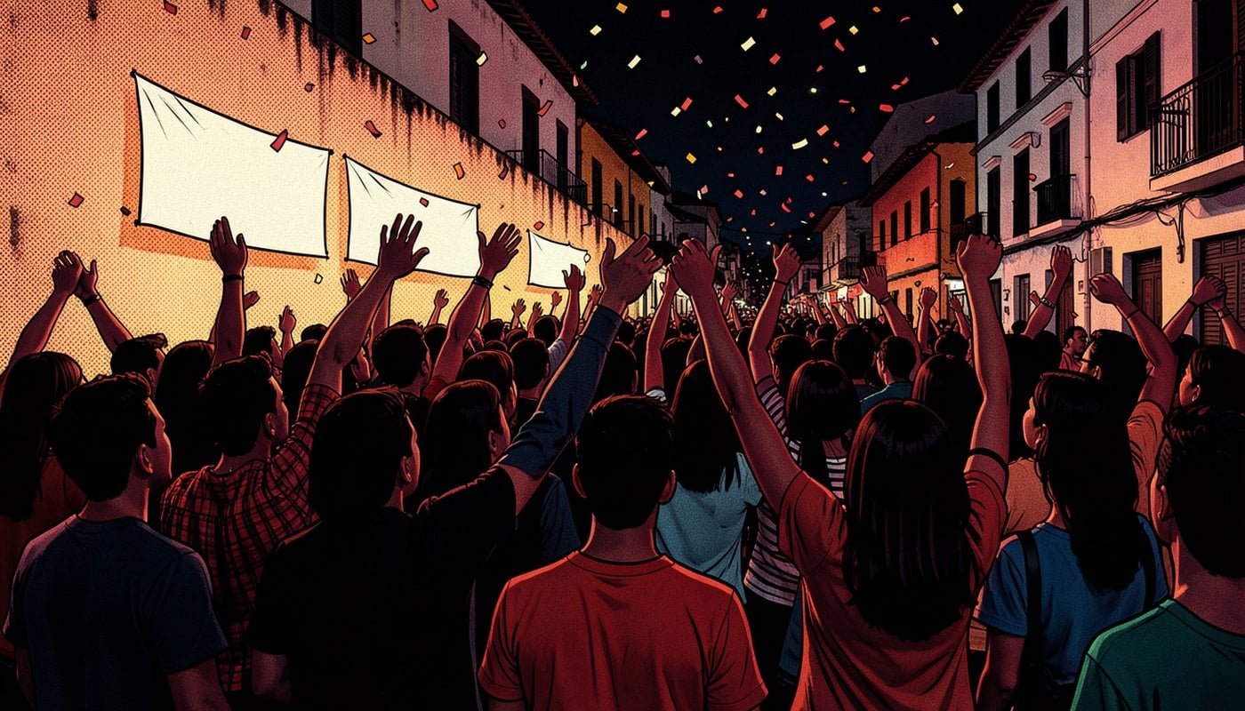 Ilustração: multidão de jovens de costas, com os braços erguidos em uma rua de periferia à noite, entre confetes