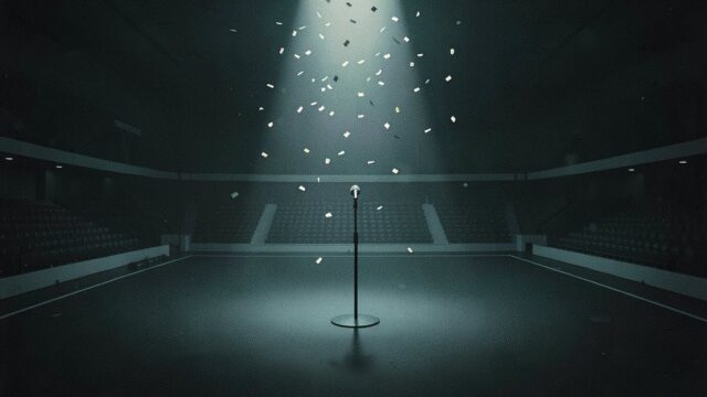 Ilustração de um pedestal de microfone no centro de uma arena escura, sob um facho de luz com confete suspenso