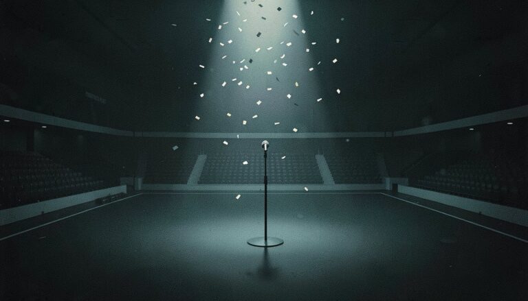 Ilustração de um pedestal de microfone no centro de uma arena escura, sob um facho de luz com confete suspenso