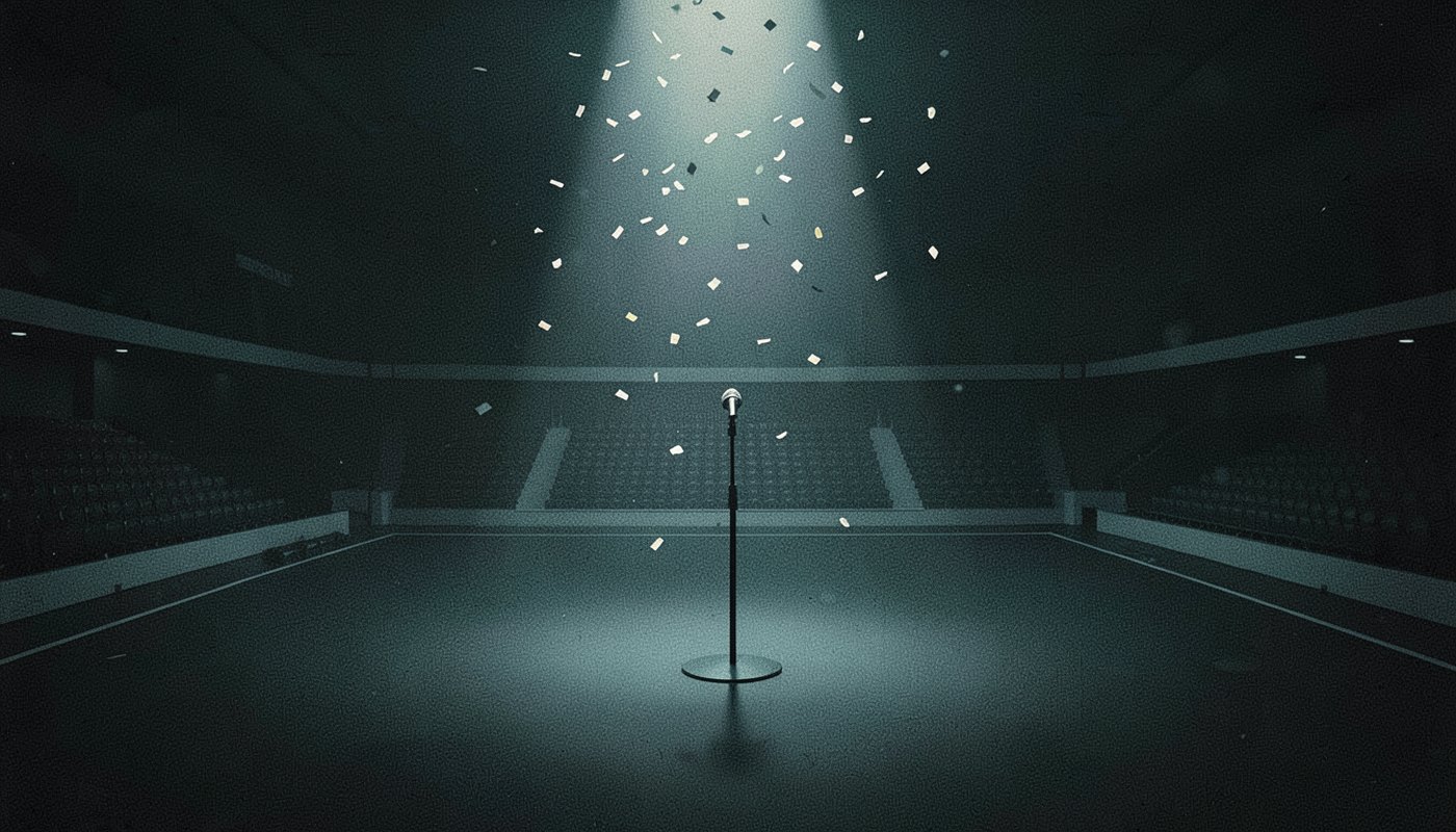 Ilustração de um pedestal de microfone no centro de uma arena escura, sob um facho de luz com confete suspenso