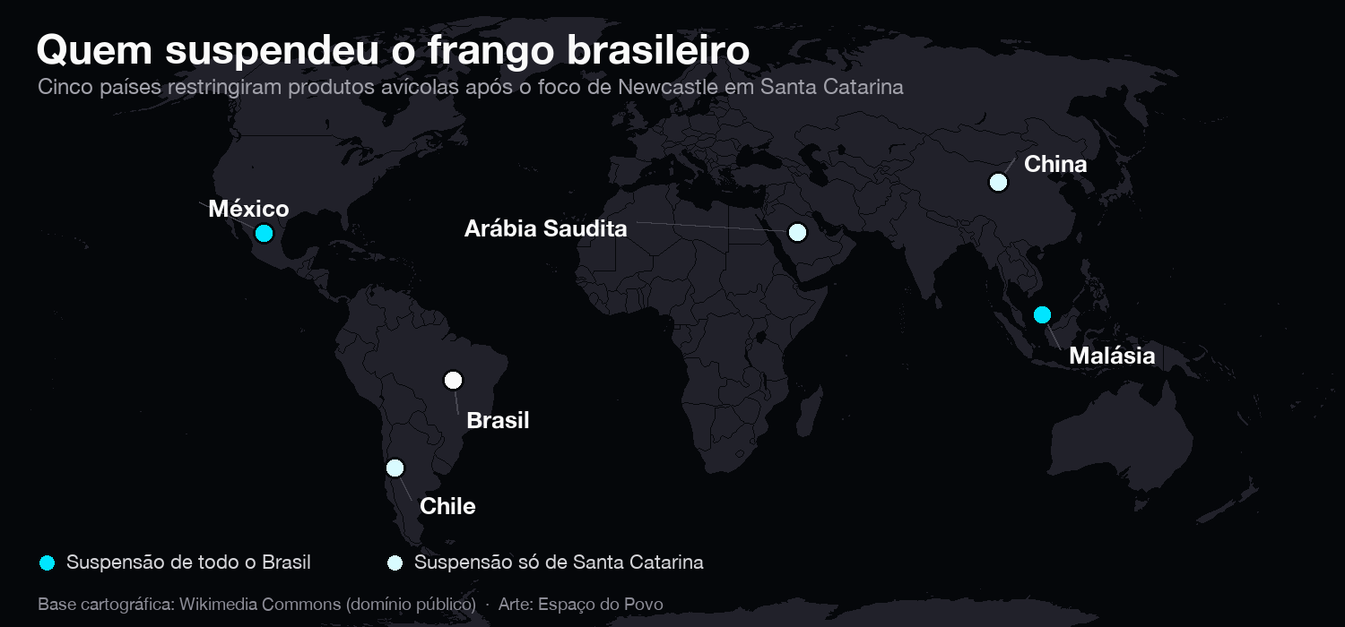 Mapa-múndi com México, Brasil, Chile, Arábia Saudita, China e Malásia destacados
