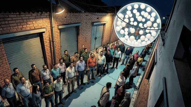 Ilustração: fila de pessoas em uma rua de bairro à noite, com uma grande esfera de vidro cheia de bolas brancas suspensa sobre a multidão
