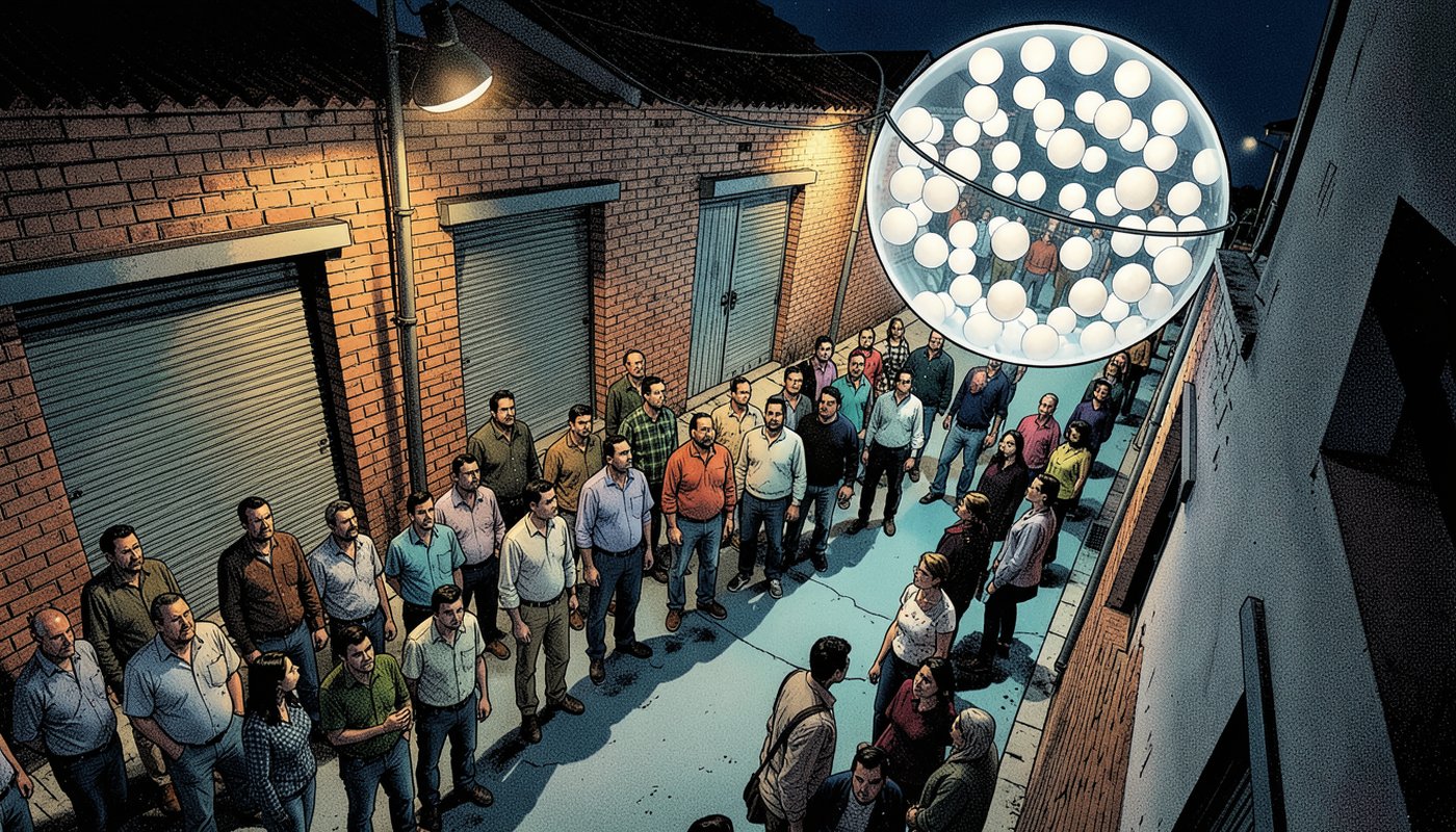 Ilustração: fila de pessoas em uma rua de bairro à noite, com uma grande esfera de vidro cheia de bolas brancas suspensa sobre a multidão