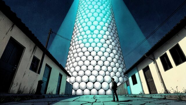 Ilustração: torre gigante de bolas brancas de loteria erguida entre casas de um bairro de periferia, com uma pessoa pequena olhando para cima à noite