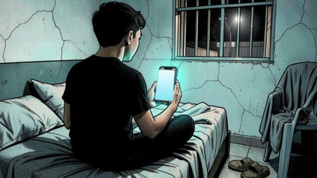 Ilustração em quadrinhos: pessoa sentada na cama, à noite, olhando o celular aceso, num quarto simples com janela gradeada