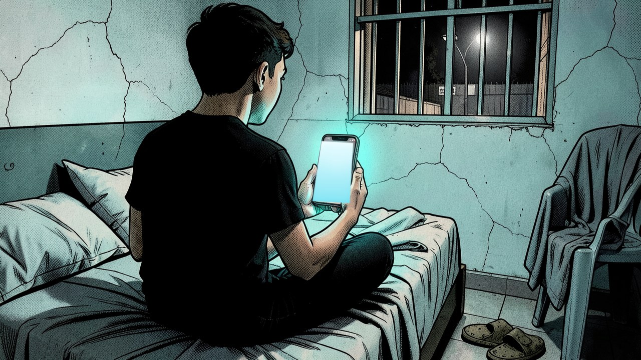 Ilustração em quadrinhos: pessoa sentada na cama, à noite, olhando o celular aceso, num quarto simples com janela gradeada