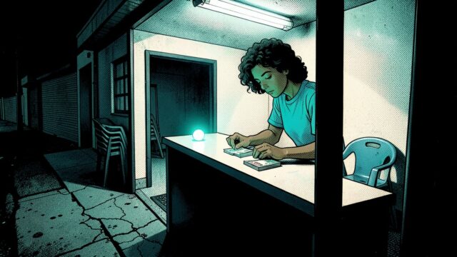 Ilustração: funcionária atrás do balcão de uma lotérica quase vazia à noite, conferindo bilhetes, com uma pequena bola branca iluminada sobre o balcão