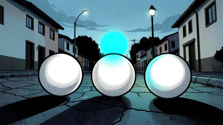 Ilustração: bolas brancas de loteria em uma rua de bairro de periferia ao amanhecer, com uma delas flutuando e brilhando em ciano