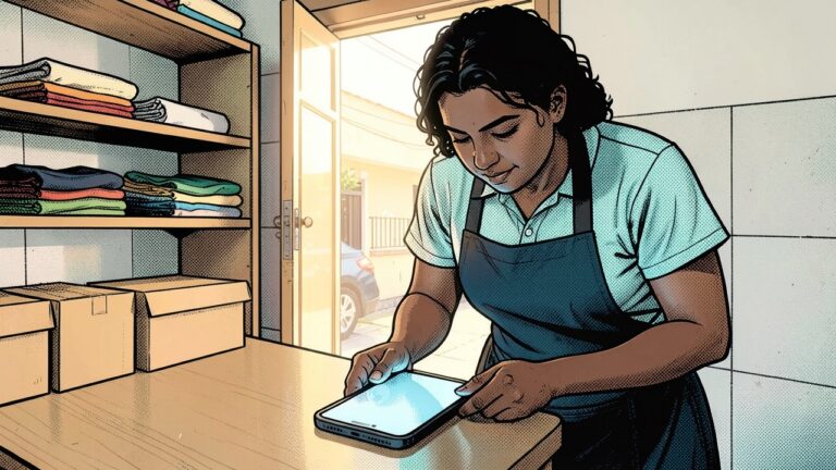 Ilustração: mulher de avental atrás do balcão de uma pequena loja olha o celular apoiado na bancada, com expressão de alívio