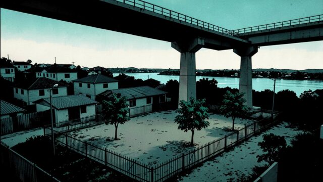 Ilustração em quadrinhos: terreno vazio cercado, com árvores jovens plantadas, casas baixas ao lado, um viaduto de trem cruzando por cima e o rio ao fundo