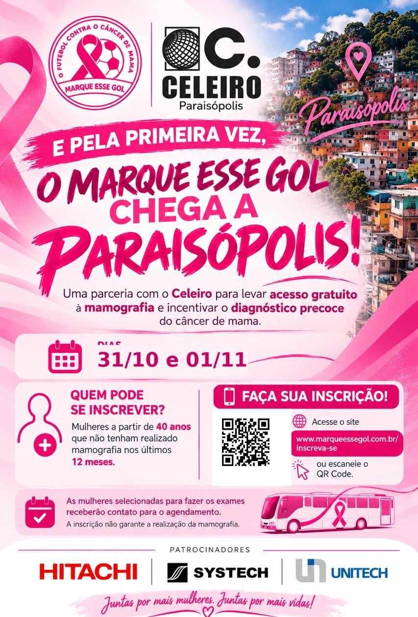 Cartaz rosa da campanha Marque Esse Gol com a chamada: e pela primeira vez, o Marque Esse Gol chega a Paraisópolis. Traz as datas 31/10 e 01/11, os critérios de inscrição e um QR Code