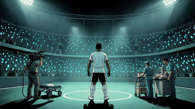 Ilustração: jogador de costas no centro de um estádio, arquibancada lotada erguendo telas de celular em ciano, com cinegrafista, maca e carrinho de ambulante na beira do gramado