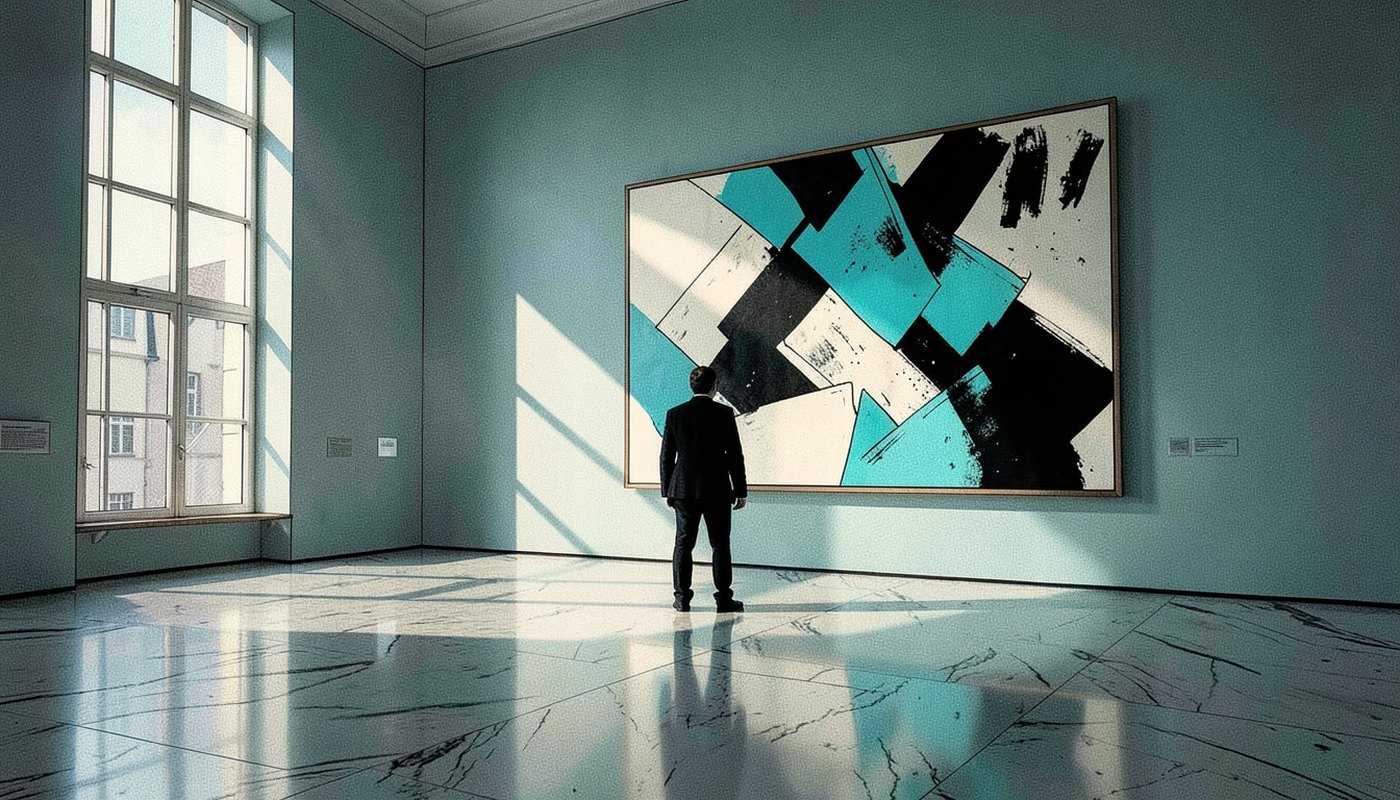 Ilustração em quadrinhos de uma pessoa de costas observando um quadro abstrato em uma galeria ampla
