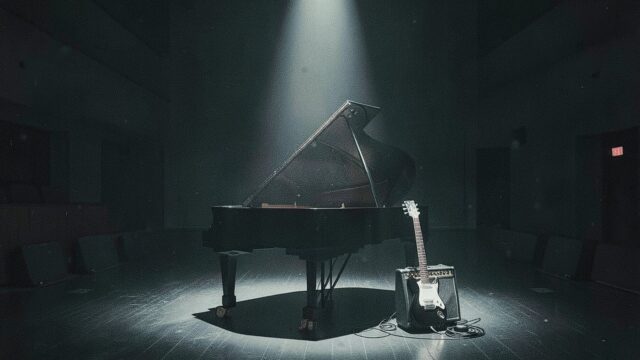 Ilustração de um piano de cauda e uma guitarra elétrica em um palco escuro iluminado por um facho de luz