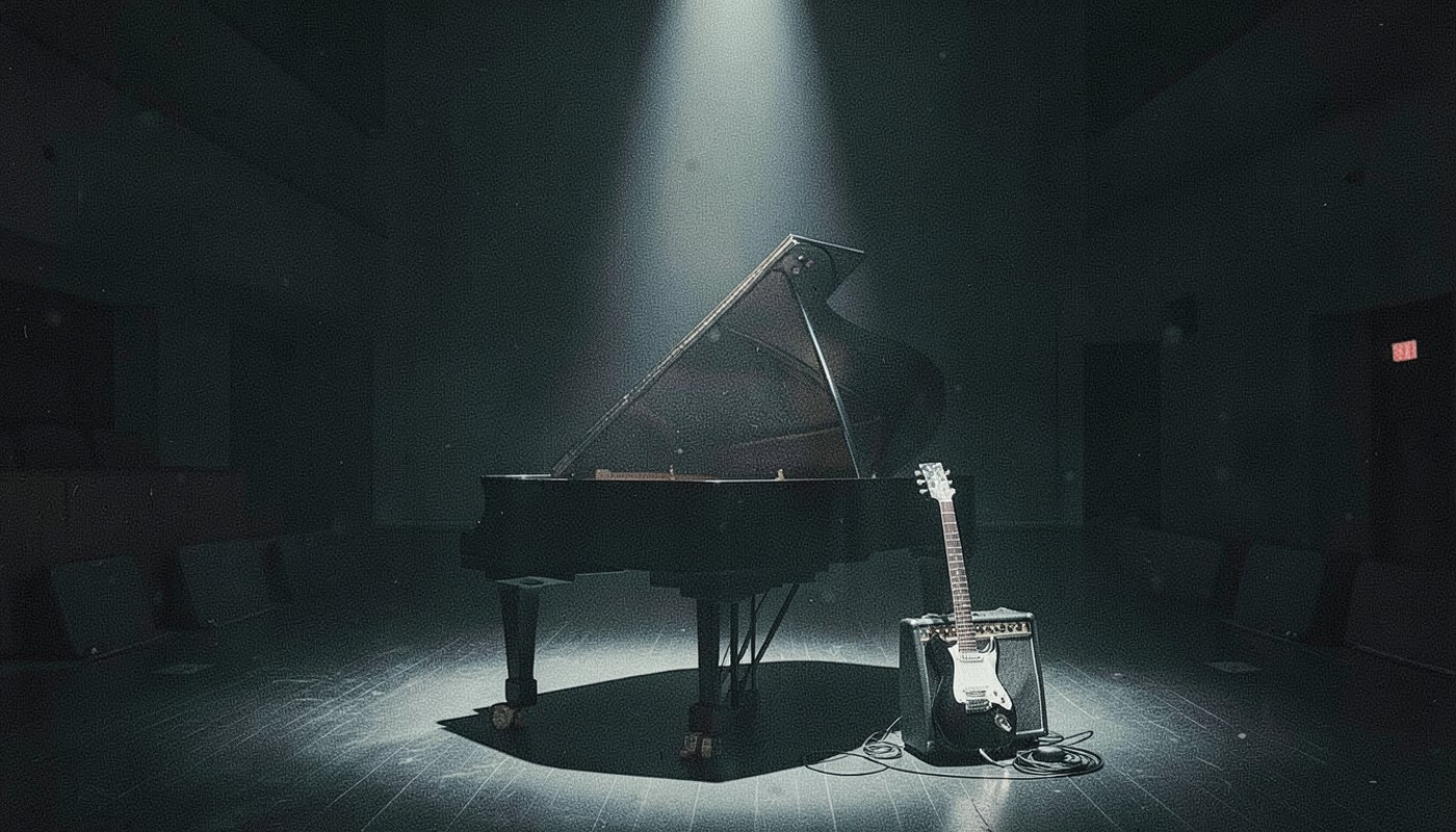 Ilustração de um piano de cauda e uma guitarra elétrica em um palco escuro iluminado por um facho de luz