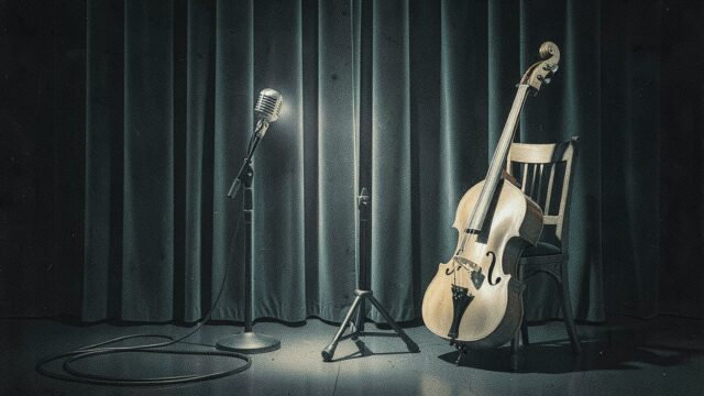 Ilustração de um palco pequeno de clube de jazz com cortina de veludo, microfone e contrabaixo